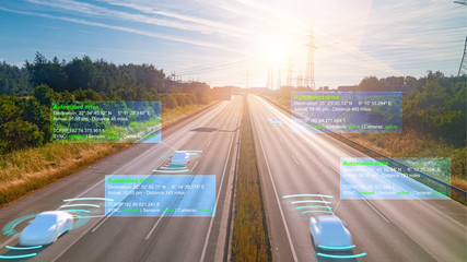 Smart car (HUD) , Autonomous self-driving mode vehicle on highway road iot concept with graphic...