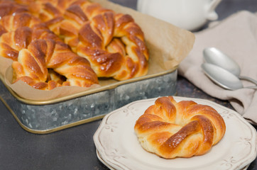 Sweet fresh baked buns in a tray 