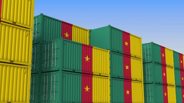 Container yard full of containers with flag of Cameroon. Cameroonian export or import related loopable 3D animation