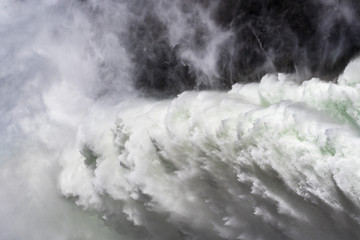 Close up of water jet released at O'Shaughnessy Dam from Hetch Hetchy Reservoir in Yosemite...