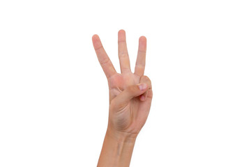 Caucasian female hand counting with fingers - three