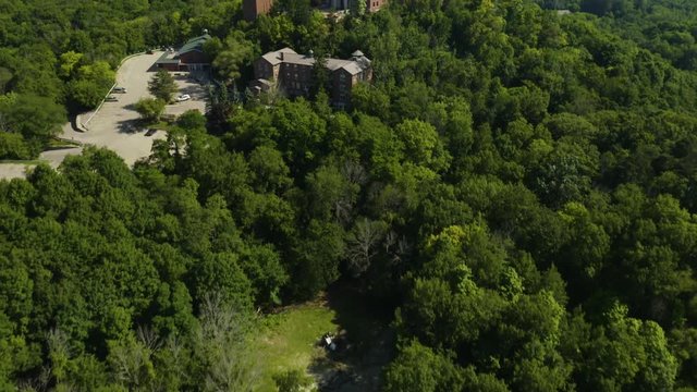 Holy Hill National Shrine of Mary, Wisconsin, USA, aerial bidrs eye with lift to reveal drone footage.