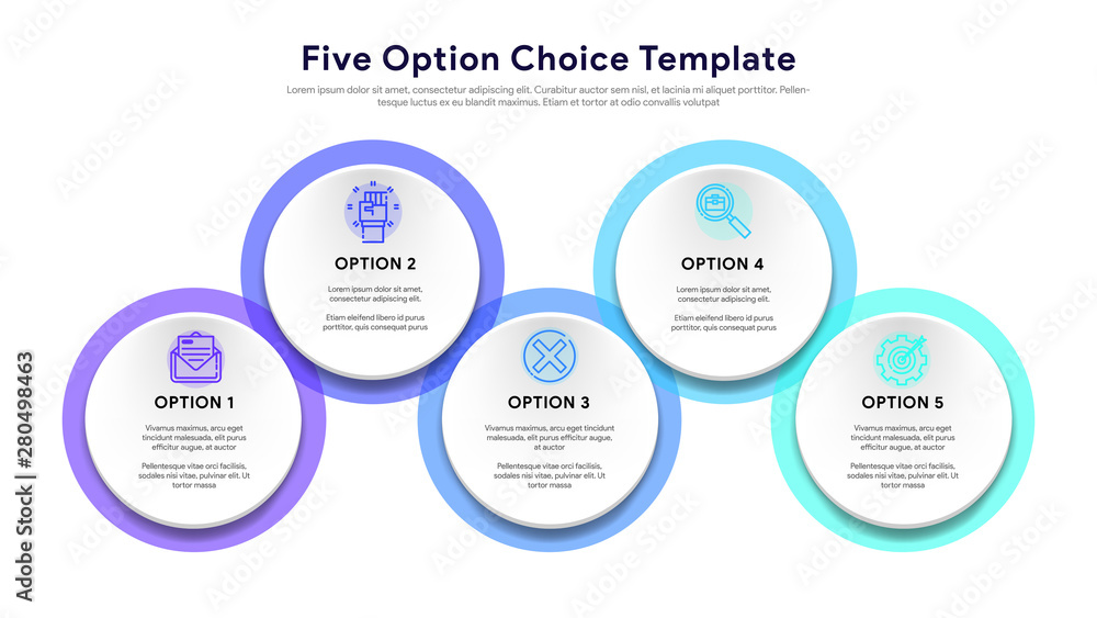 Aufkleber five colorful circular elements, thin line pictograms and text boxes. concept of arrow business mode