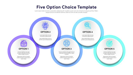 Fototapeta premium Five colorful circular elements, thin line pictograms and text boxes. Concept of arrow business model with 5 options and choices. Modern infographic design template. Vector illustration.