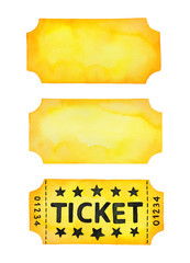 Entry ticket templates for creative design, sign, banner, invitation, card, flyer, poster. Yellow, orange, brown, gold color. Hand painted watercolour illustration on white, cut out clipart elements.