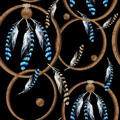 Seamless pattern with bird feathers and wooden charms. Peace sign. Dream catcher.