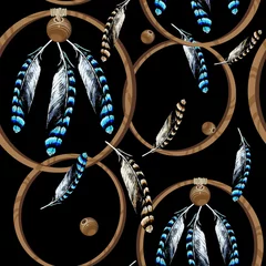 Photo sur Plexiglas Attrapeur de rêves Modèle sans couture avec plumes d& 39 oiseaux et breloques en bois. Signe de paix. Attrapeur de rêves.
