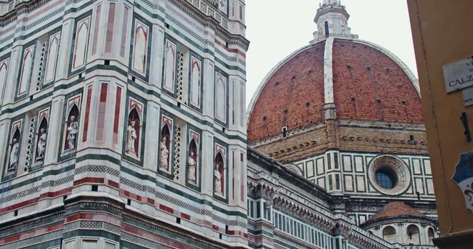 Famous Duomo di Firenze in Florence, Italy. Beautiful outdoor view of fantastic catholic cathedral Santa Maria del Fiore. Medieval cityscape. Religion concept.