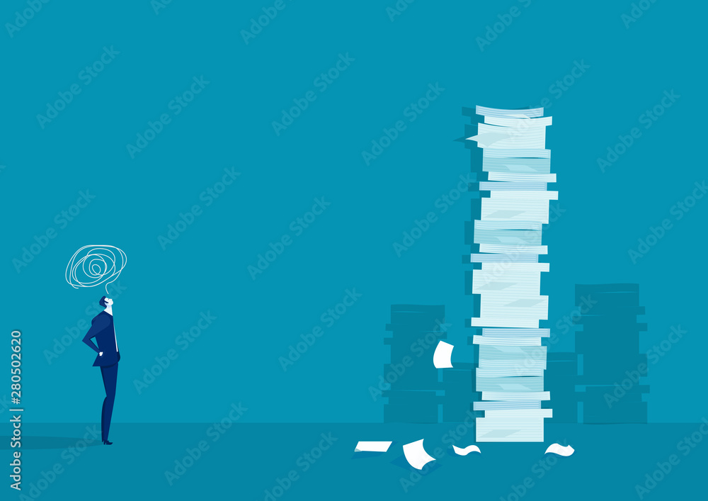 Wall mural businessman think and solution with very tall paper stack vs man on blue background