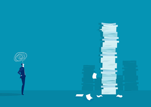 businessman think and solution with very tall paper stack vs man on blue background