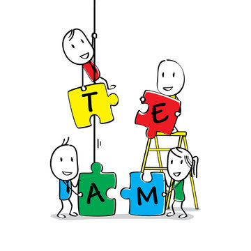 The nutheads each hold one puzzle, to work together to solve the puzzle, nuthead / stickman cartoon hand drawn style