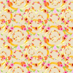 Fototapeta premium Watercolor exotic fruits seamless pattern. Banana and peach repeat background
