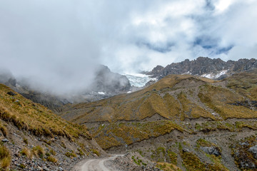 Mountains in clouds at Abra Mariano Llamoja, pass between Yanama and Totora, The Choquequirao trek, Peru