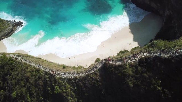 Drone Shot high above the trail to KelingKing beach on the Island of Nusa Penida, Indonesia.