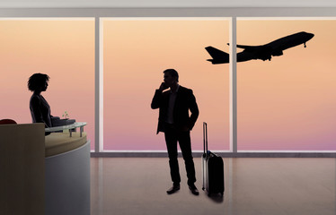 Stressed out businessman passenger arguing with a flight attendant or receptionist at an airport check in counter. He is angry because of a delayed or cancelled flight.