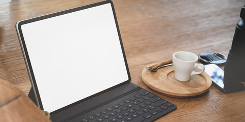 Open blank screen  laptop in comfortable workplace