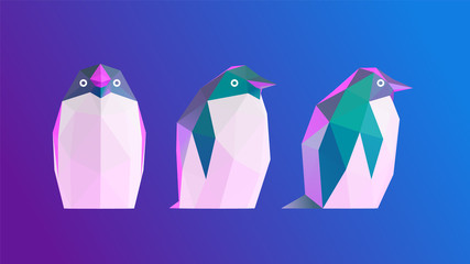 Vaporwave Penguin. Set of Psychedelic Penguins on Retro Background. Low Poly Vector 3D Rendering