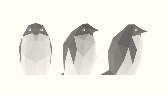 Light Penguin. Set of Isolated White Penguins on White Background. Low Poly Vector 3D Rendering