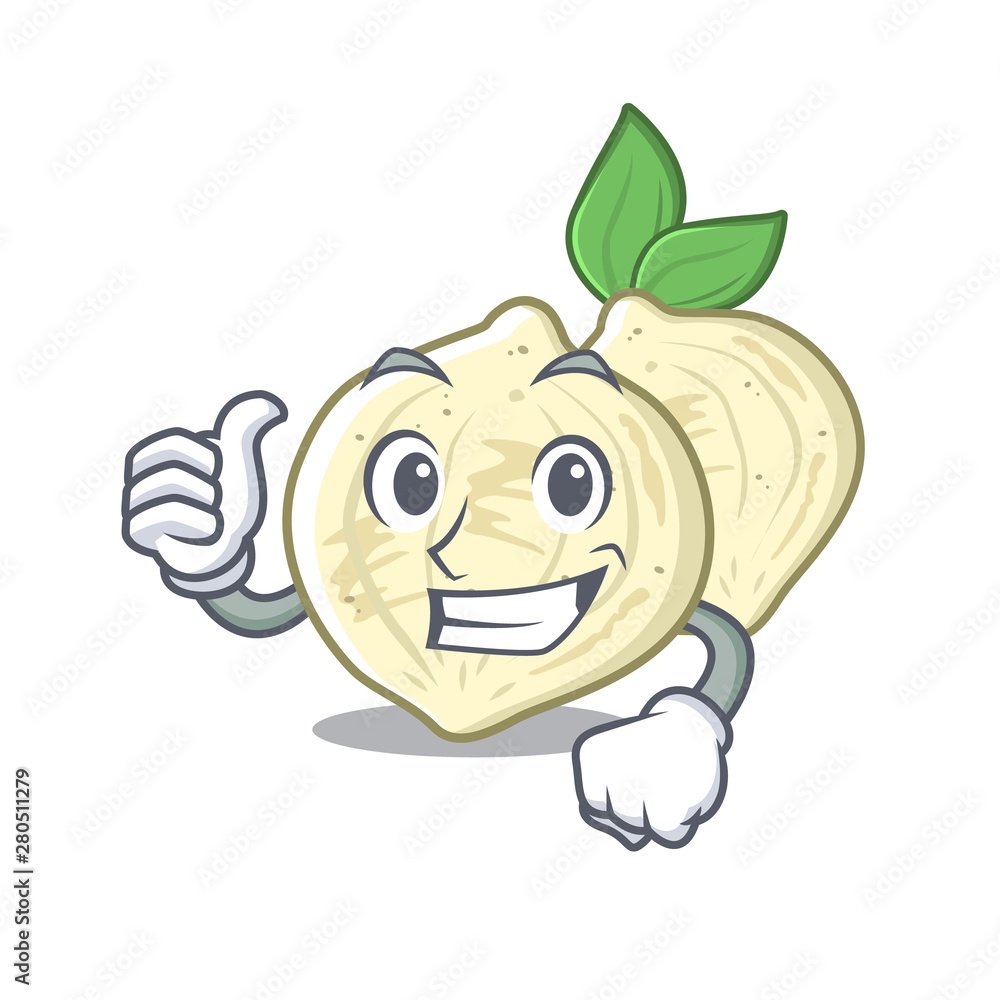 Poster thumbs up jicama slices in a cartoon bowl