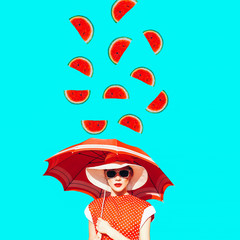  Contemporary art collage. Lady vintage and watermelon rain