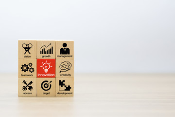 Innovation and business icons on Wooden Block.