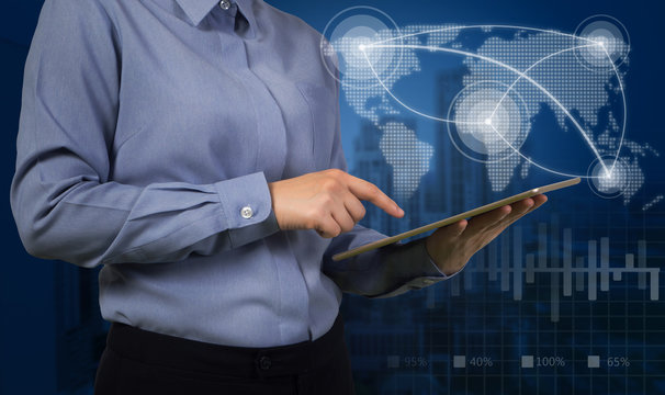 businesswoman using laptop, smart phone planning data import and export.