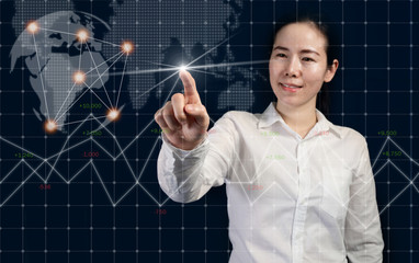 Business development to success and connecting concept, Businesswoman pointing virtual interface stock exchange.