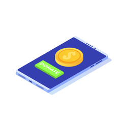 Donate online isometric concept. Smartphone with gold coins and key DONATE.