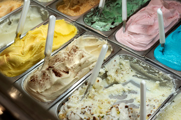 various flavors of gelato ice-cream at the showcase in shop