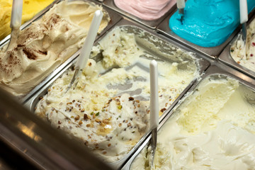 various flavors of gelato ice-cream at the showcase in shop