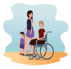 Fototapeta premium old woman in the wheelchair with her daughter and grandson