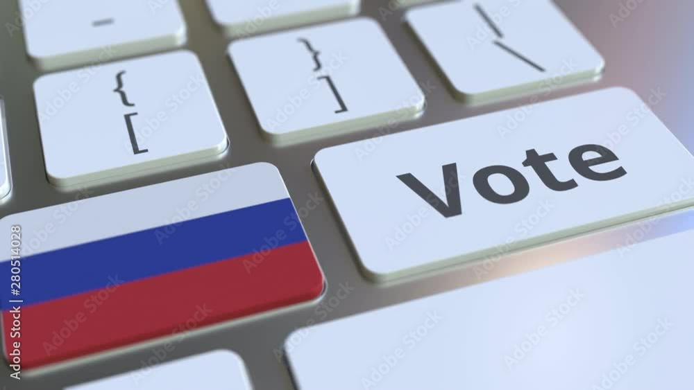 Poster vote text and flag of russia on the buttons on the computer keyboard. election related conceptual 3d