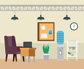 laptop in the desk with chair and noteboard with plant