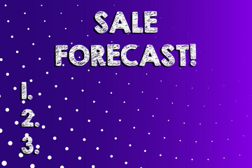 Text sign showing Sale Forecast. Business photo showcasing the process of estimating future transactions or deals Lilac Violet Background White Polka Dots Scattered in Linear Perspective