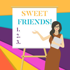 Word writing text Sweet Friends. Business photo showcasing thoughtful towards other showing Nice and loving demonstrating White Female in Glasses Standing by Blank Whiteboard on Stand Presentation