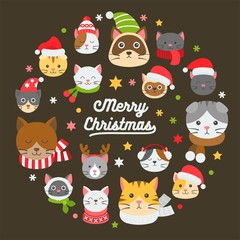 cat icon in Christmas and winter costume arrange as circle shape. with merry Christmas typography, flat design for use as poster or backdrop