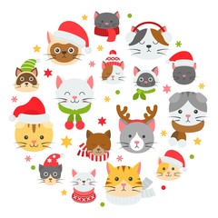 cat winter and Christmas costume arrange as circle shape illustration in flat design.