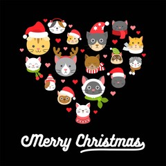cat icon in Christmas and winter costume arrange as heart shape. with merry Christmas typography, flat design for use as poster or backdrop