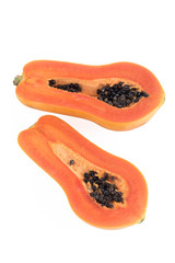 Papaya half slice cut isolated on white