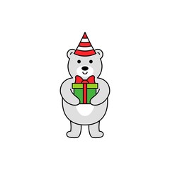 snow bear with  Christmas gift editable outline illustration in flat design.