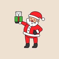 Cute Santa Christmas with gift and teddy bear in flat design editable outline illustration.