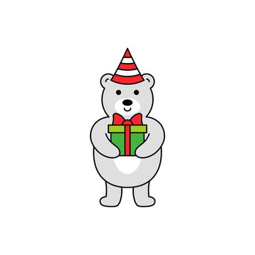 snow bear with  Christmas gift editable outline illustration in flat design.