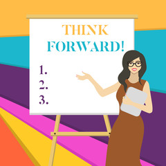 Word writing text Think Forward. Business photo showcasing The act of thinking about and planning for the future White Female in Glasses Standing by Blank Whiteboard on Stand Presentation