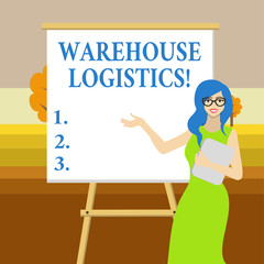 Text sign showing Warehouse Logistics. Business photo text flow of both physical goods and information in business White Female in Glasses Standing by Blank Whiteboard on Stand Presentation