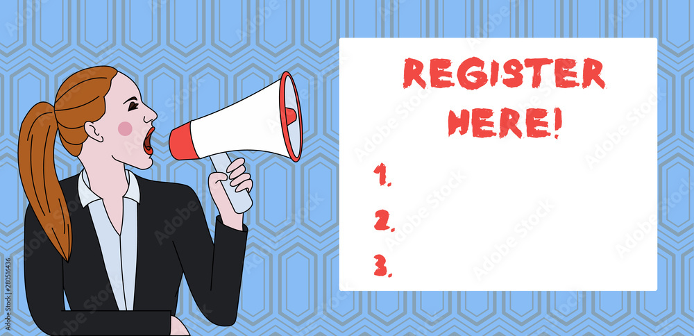 Poster handwriting text writing register here. conceptual photo put your name on an official list in order 