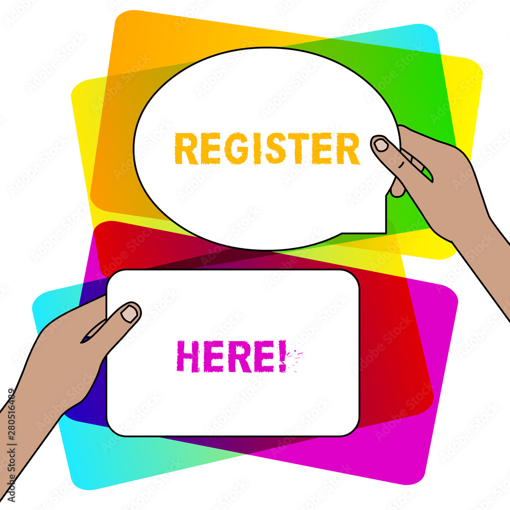 Poster handwriting text writing register here. conceptual photo put your name on an official list in order 