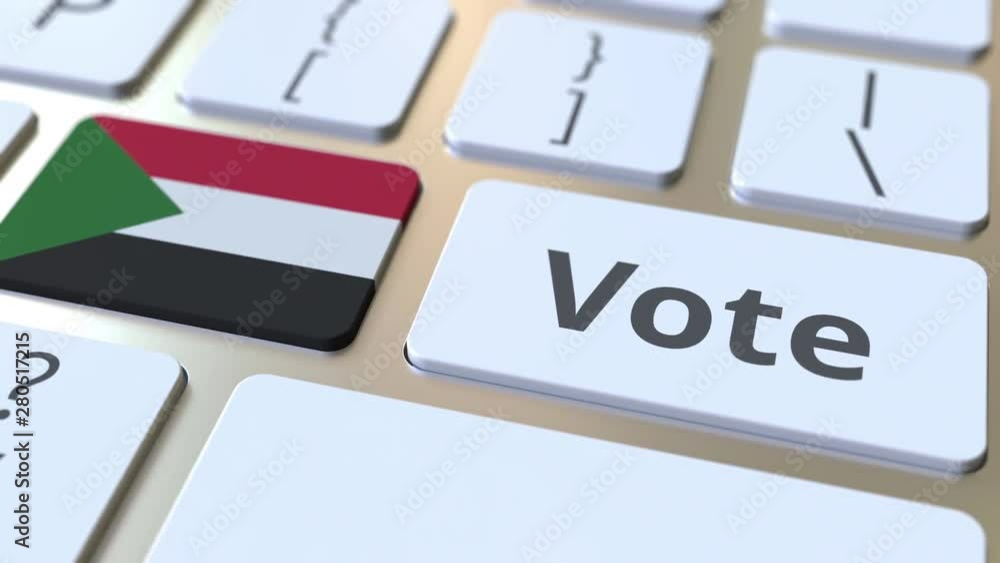 Poster vote text and flag of sudan on the buttons on the computer keyboard. election related conceptual 3d 