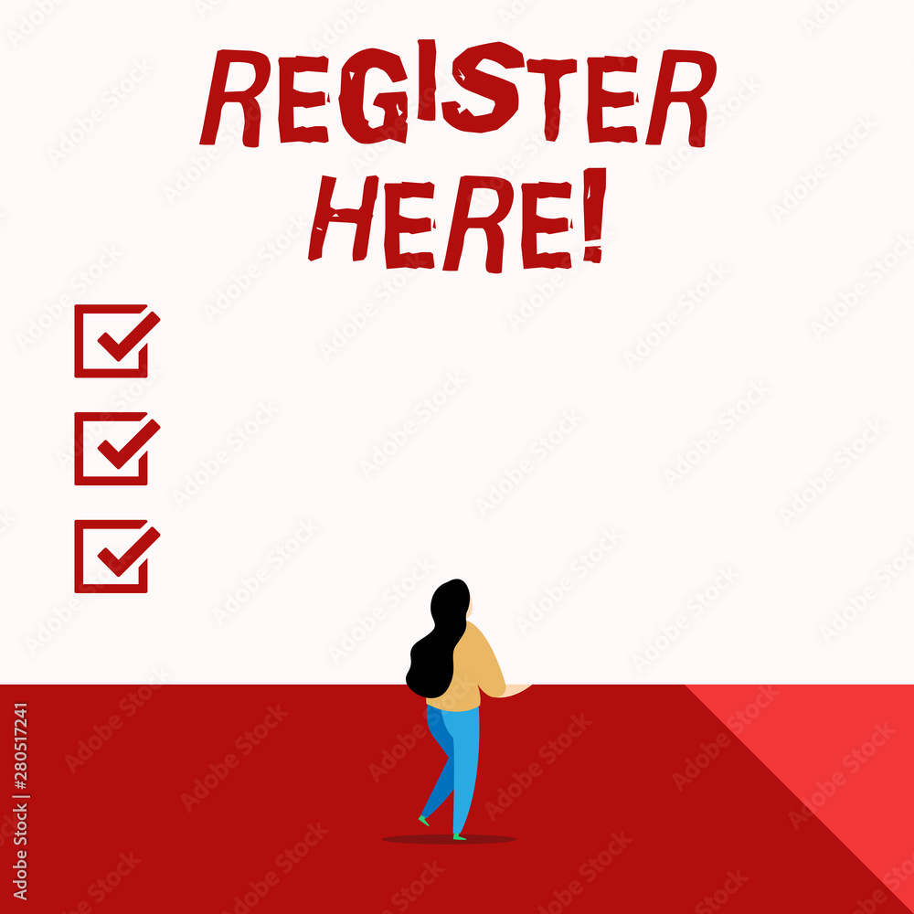 Poster word writing text register here. business photo showcasing put your name on an official list in orde