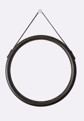 Circle wooden frame hang on circle white color pin isolated on background