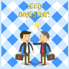 Handwriting text Seed Investor. Conceptual photo source of initial money required to start a new business Two White Businessmen Colleagues with Brief Cases Sharing Idea Solution